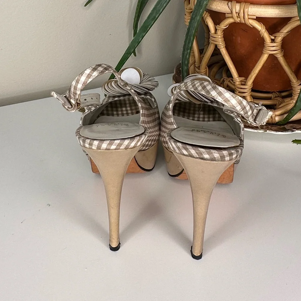Stuart Weitzman Gingham Slingback Heels 7M | Platform Peep Toe Floral Bow - Picture 5 of 14